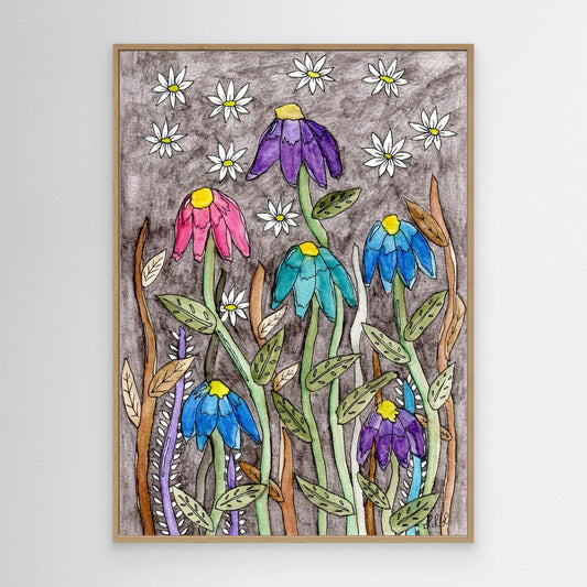 Echinacea and Daisy - Framed Canvas Giclée Print