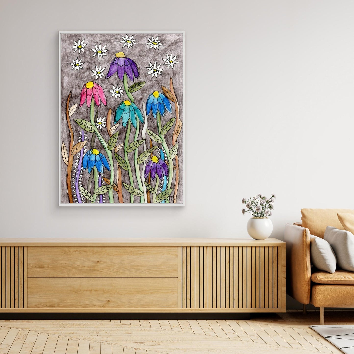 Echinacea and Daisy - Framed Canvas Giclée Print