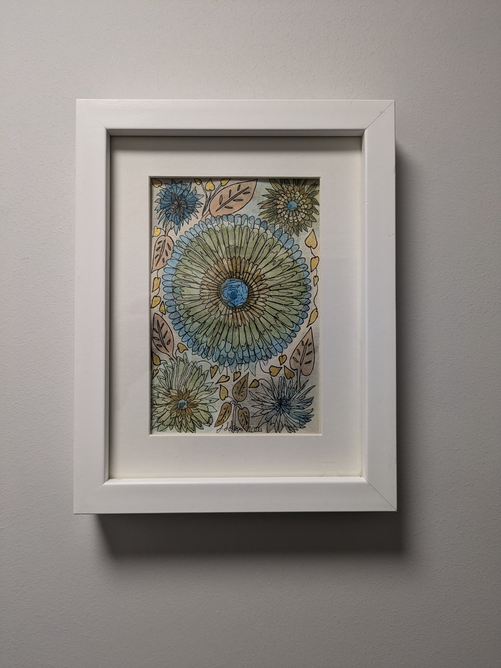 Alternative Cornflower – Part of the Floral Collection. This is an exploration of the calm leafy pastel colours coupled with the conventional outlines of the traditional cornflower.