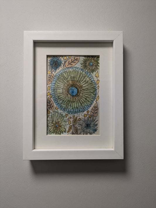 Alternative Cornflower – Part of the Floral Collection. This is an exploration of the calm leafy pastel colours coupled with the conventional outlines of the traditional cornflower.