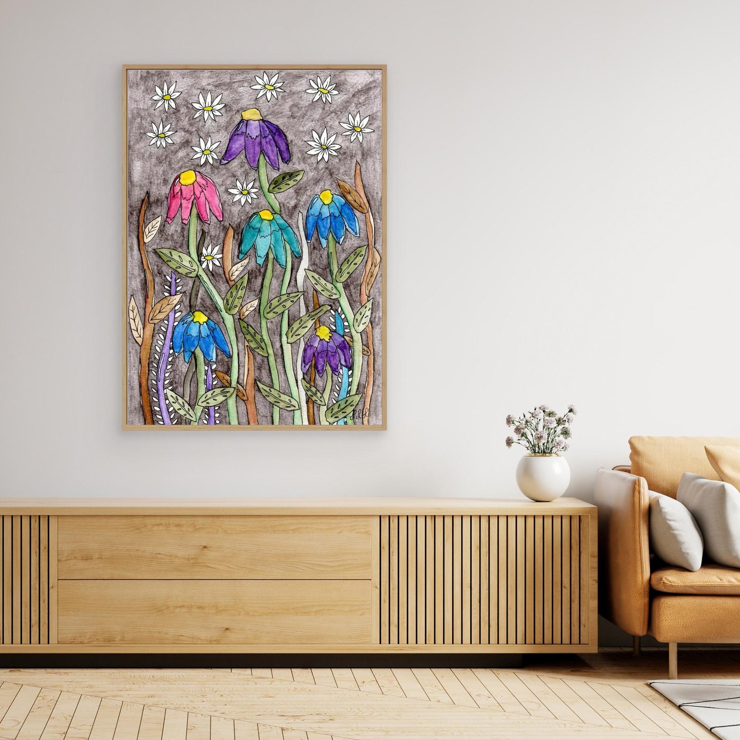 Echinacea and Daisy - Framed Canvas Giclée Print