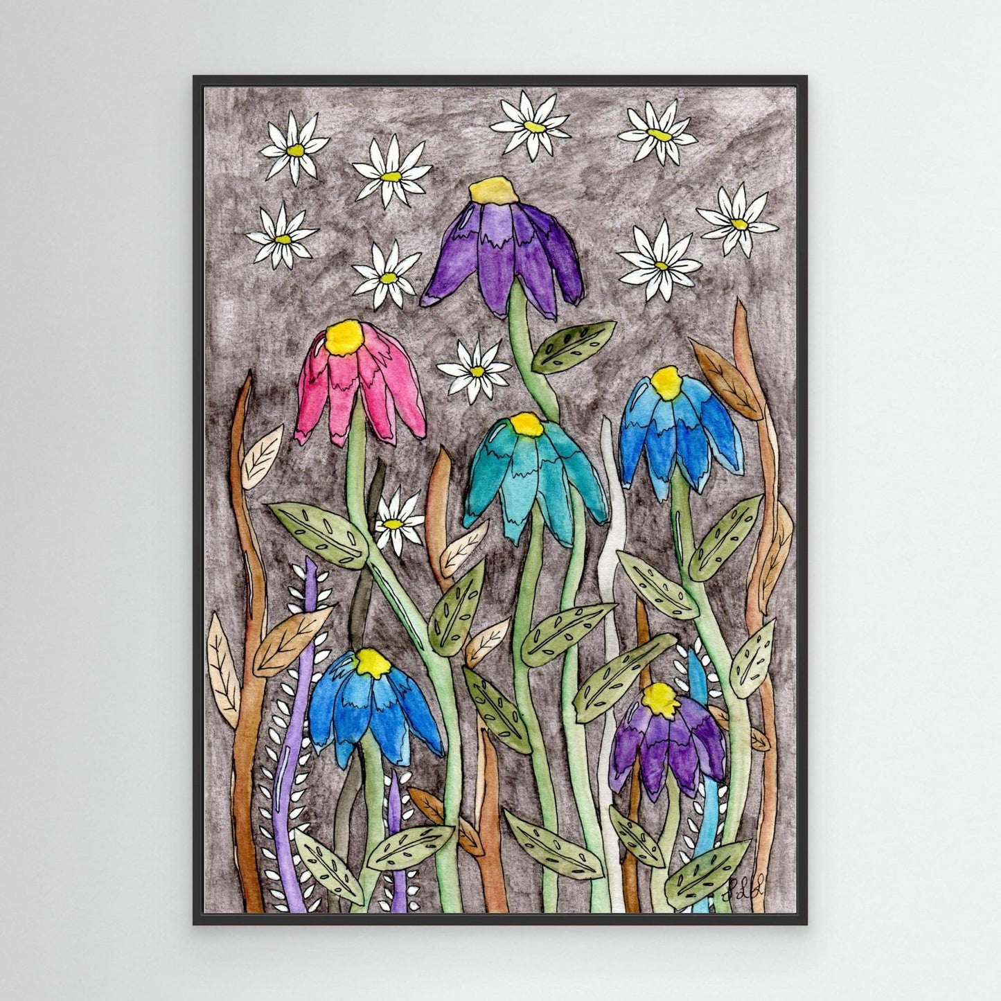 Echinacea and Daisy - Framed Canvas Giclée Print