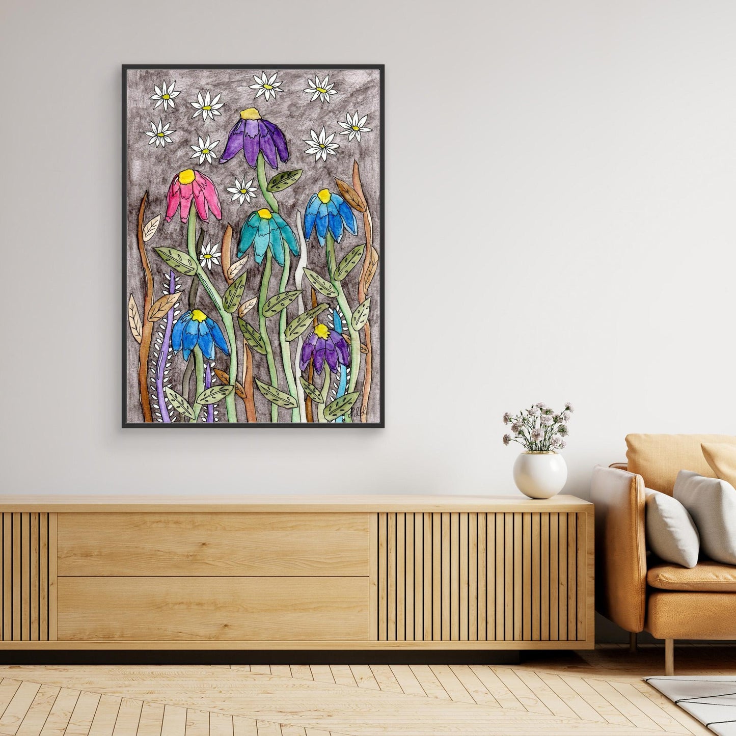 Echinacea and Daisy - Framed Canvas Giclée Print